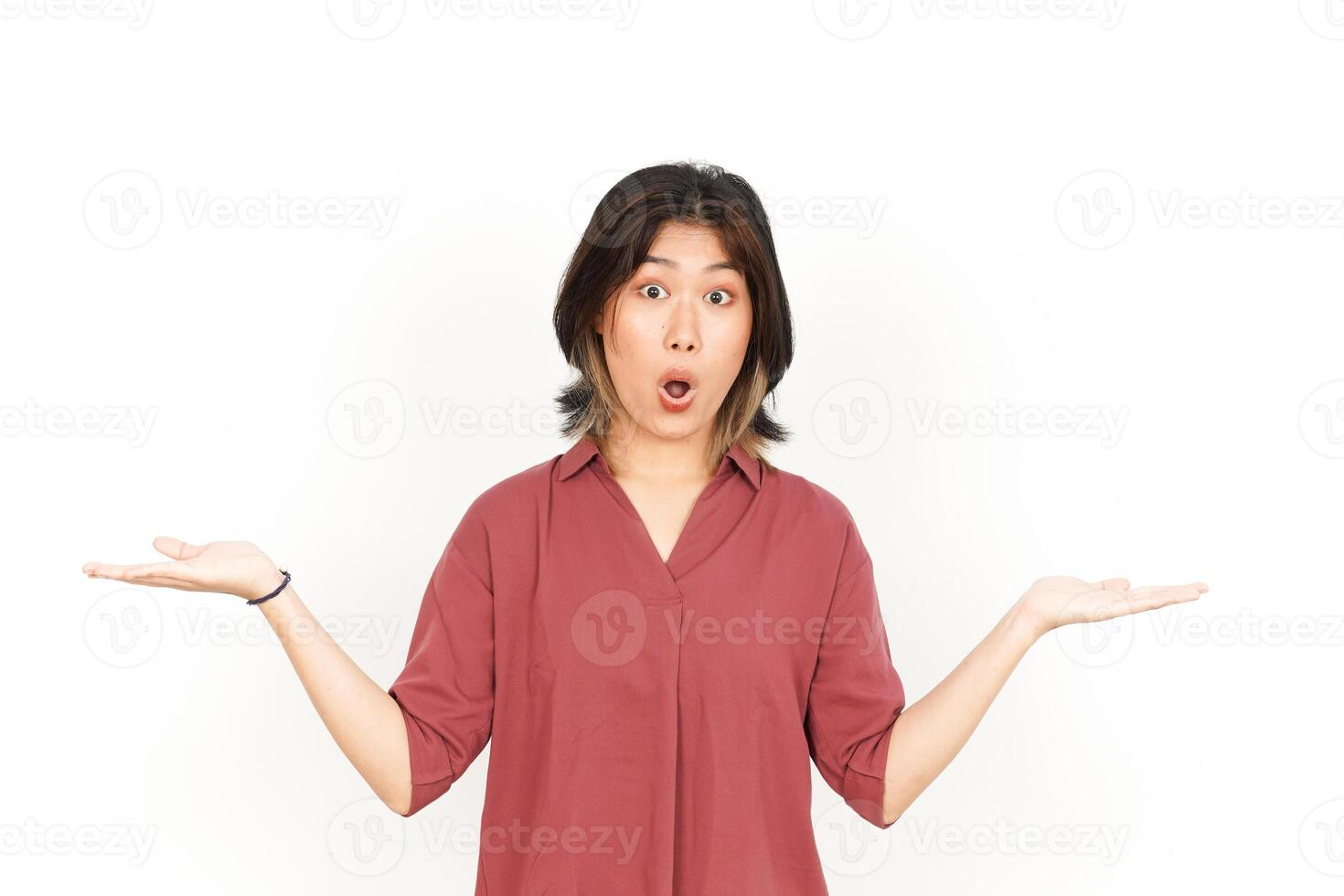 Showing and Presenting Two Product on Open Palm Of Beautiful Asian Woman Isolated On White Background photo