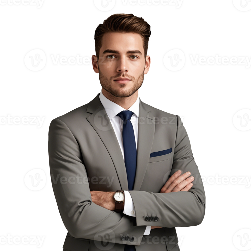 Confident Businessman In Gray Suit And Navy Tie On Transparent Background png