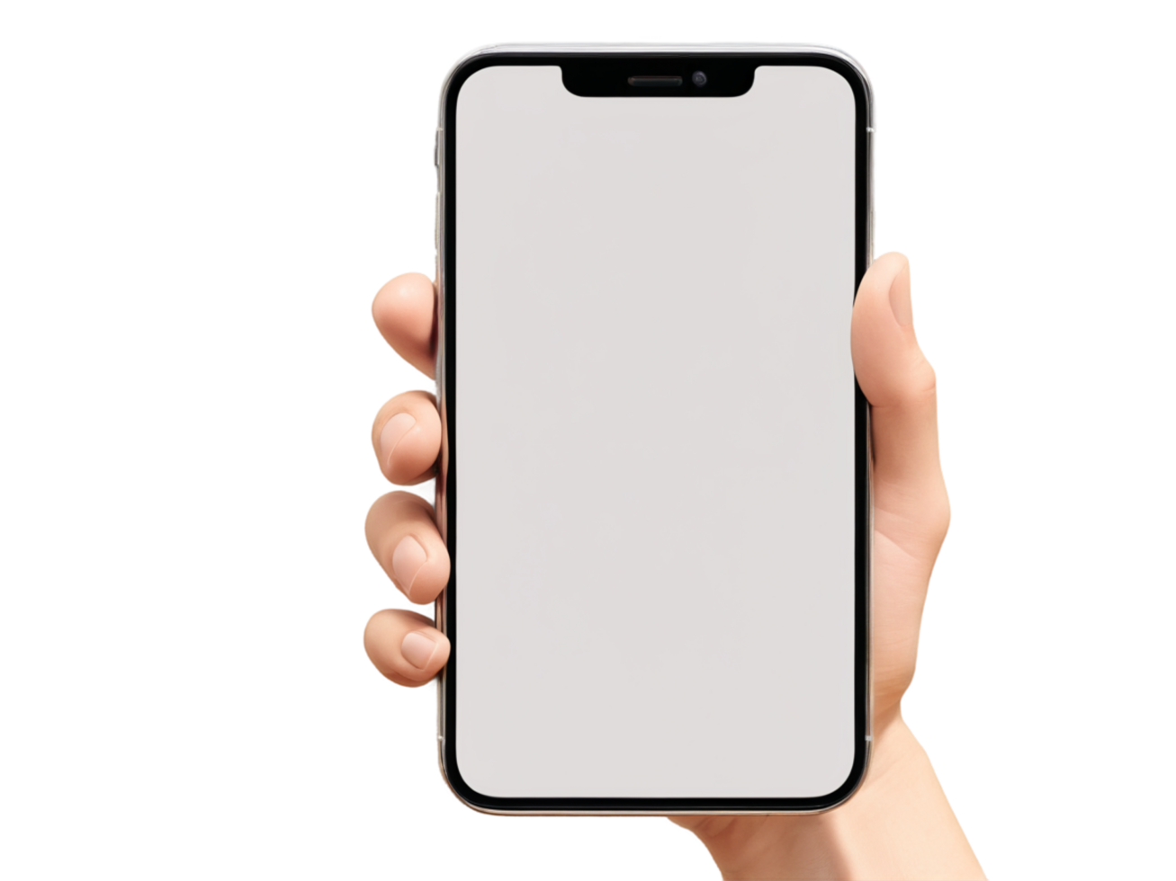 hand holding a smartphone with a blank screen on transparent background png