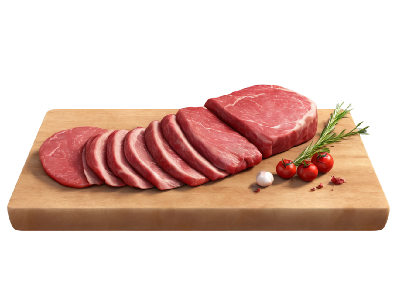 Raw meat on a wooden cutting board on transparent background png