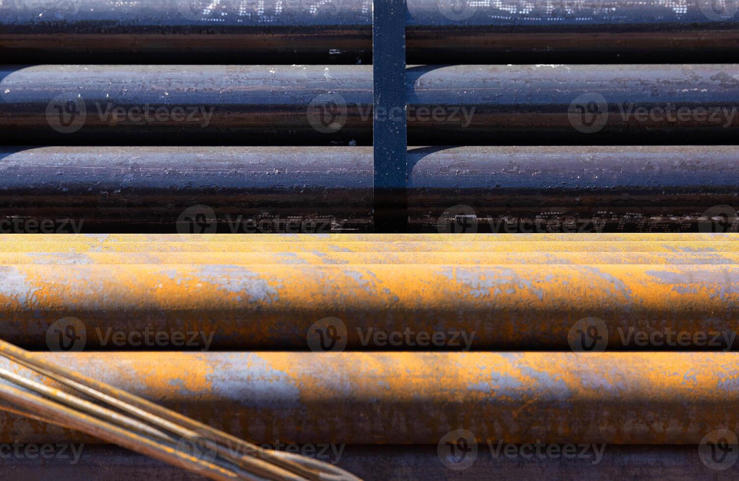 Steel reinforcement bars stacked in a stack. Copy space photo