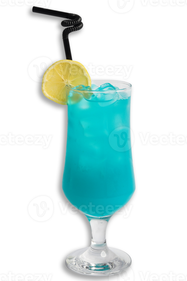 Refreshing blue drink in a tall glass garnished with lemon slice png