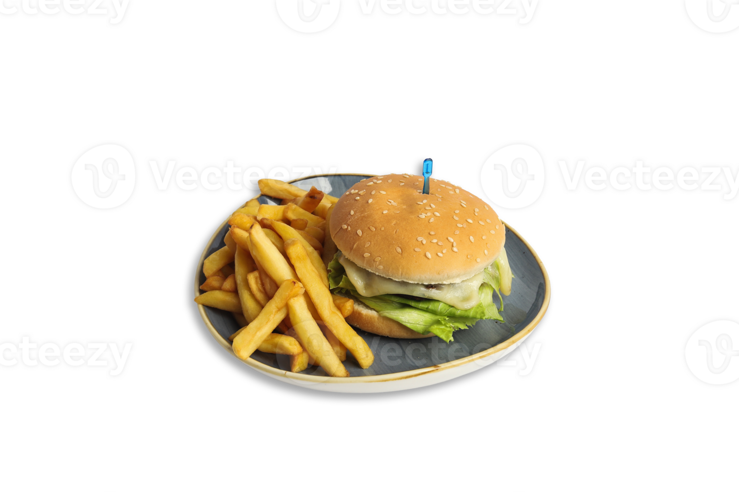 Delicious burger with lettuce and fries served on a plate png