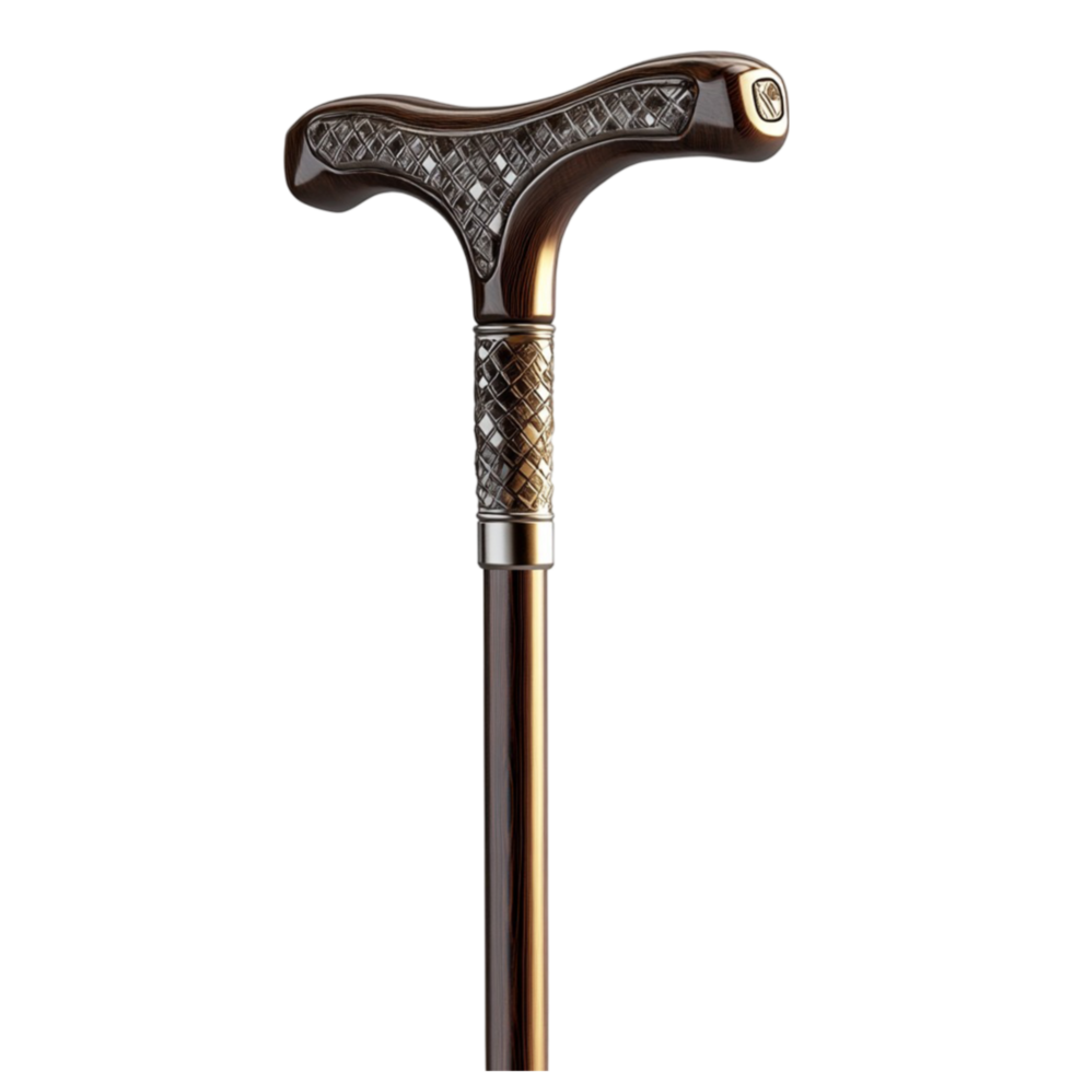 Walking stick with black and gold handle on transparent background png