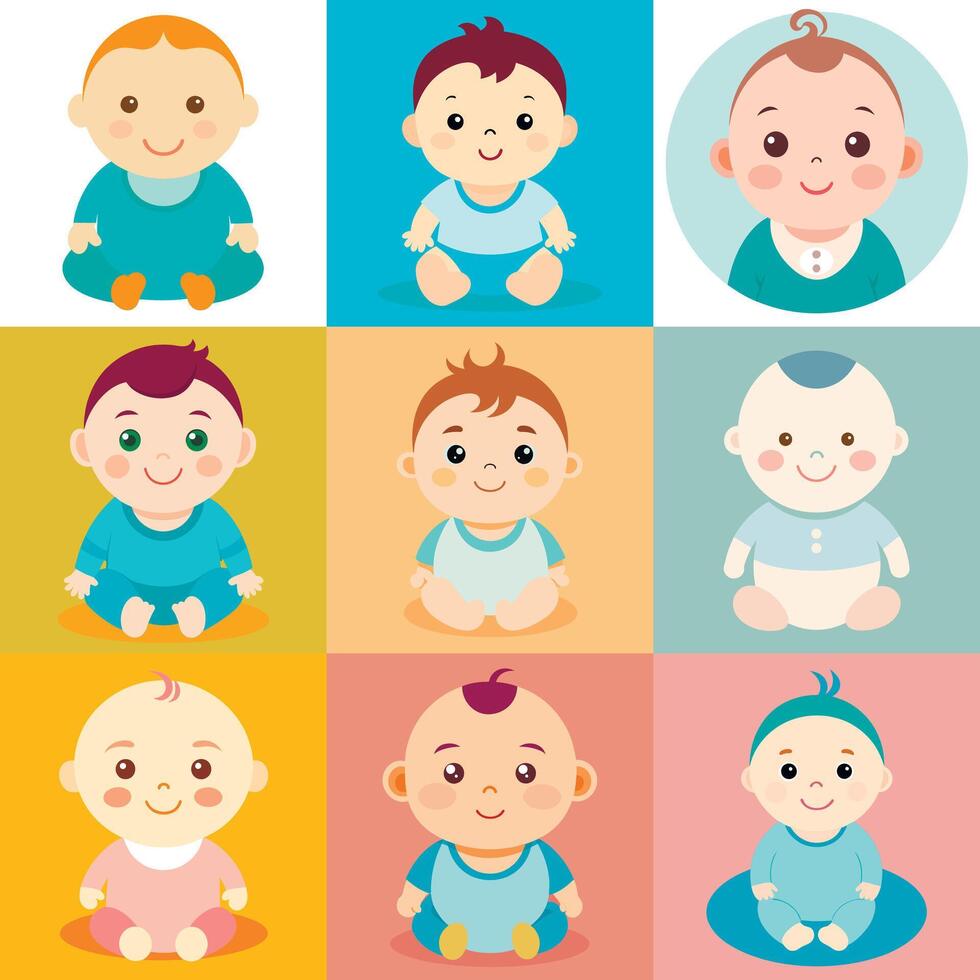 Set of a cute baby in underpants with different styles. illustration in flat cartoon style. Cartoon style low details flat vector