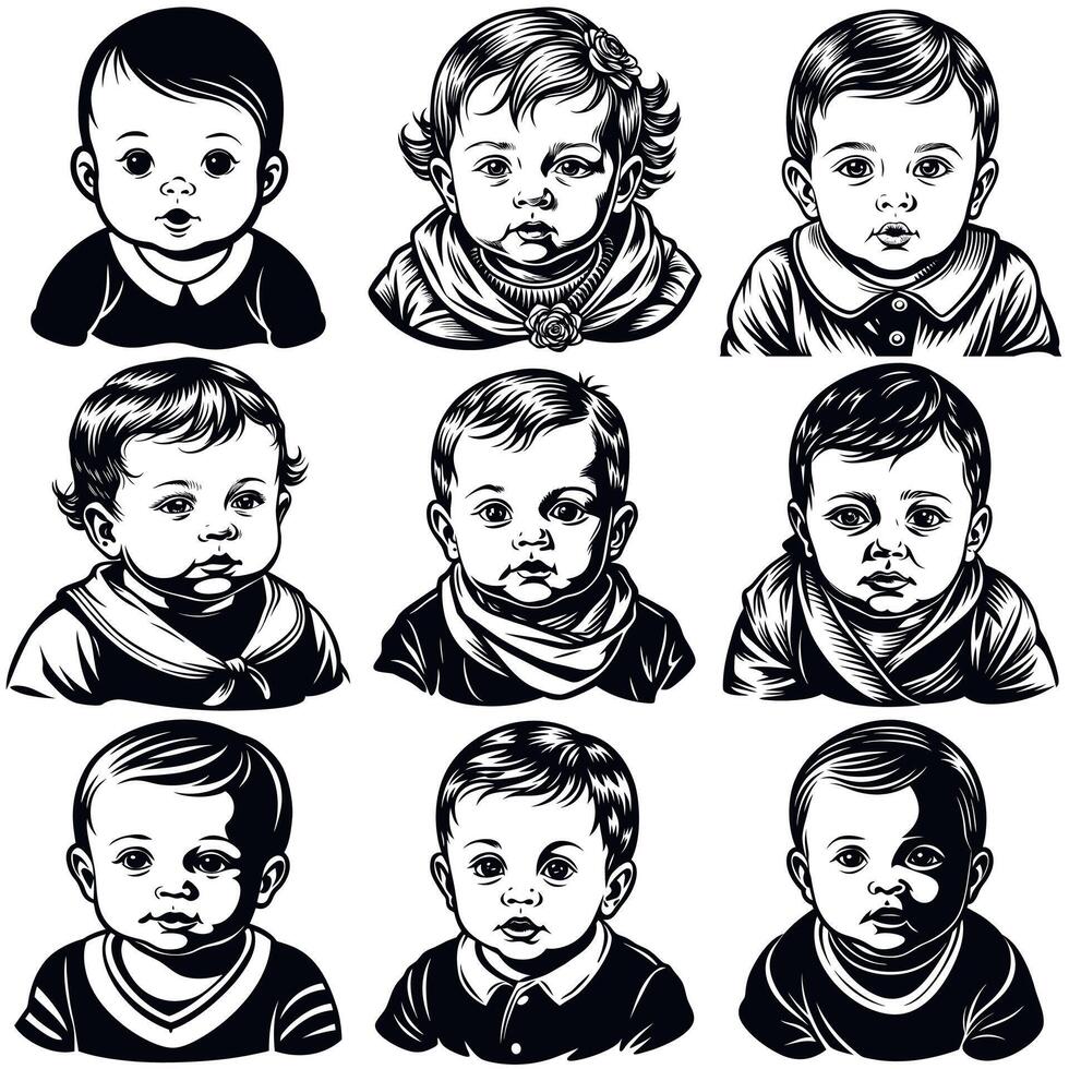 Set of a cute baby in underpants with different styles. illustration in flat cartoon style. Black and white style vector