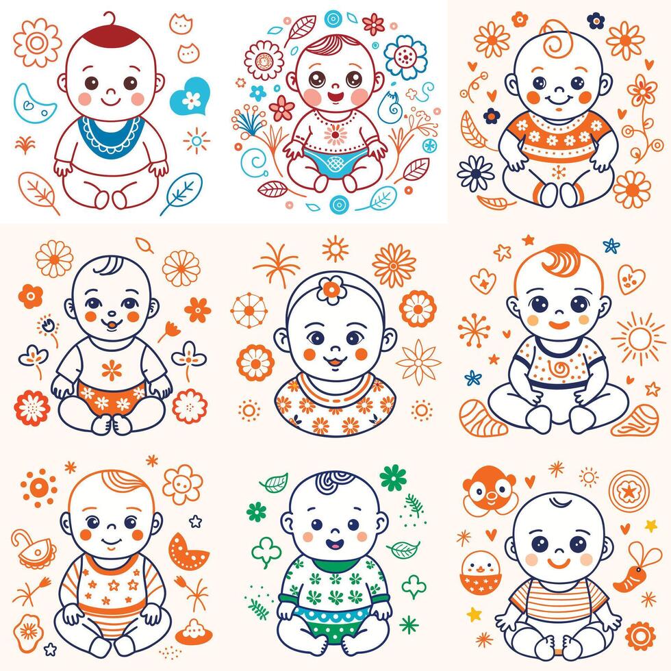 Set of a cute baby in underpants with different styles. illustration in flat cartoon style. Icon style vector
