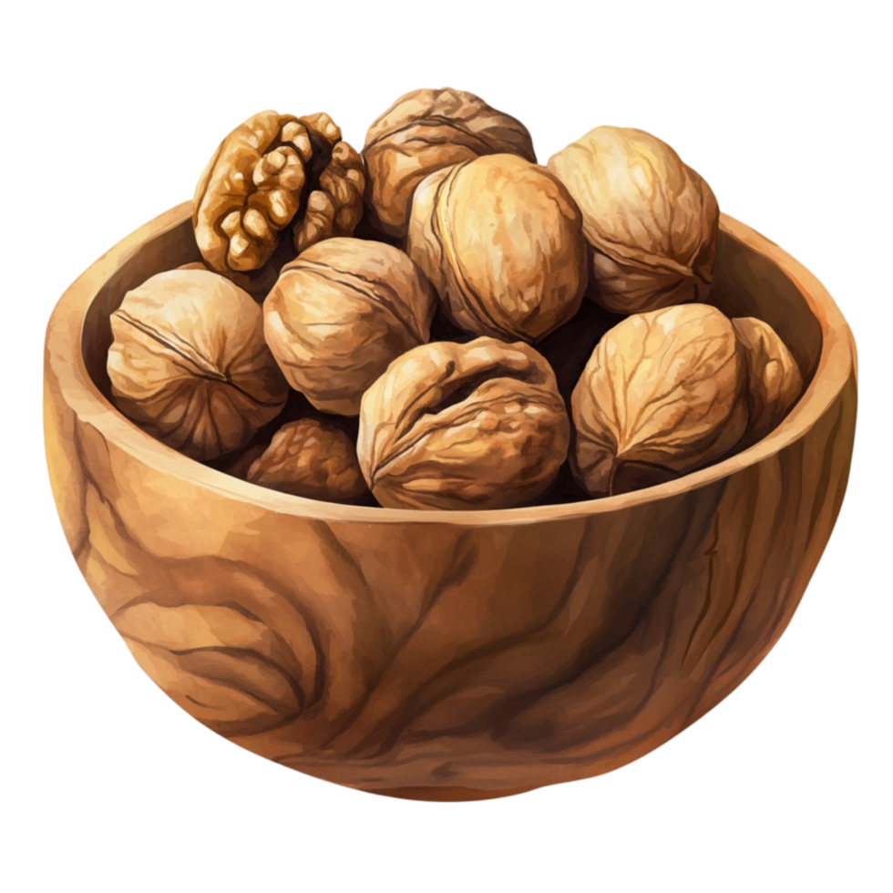 Walnuts in a wooden bowl on transparent background png