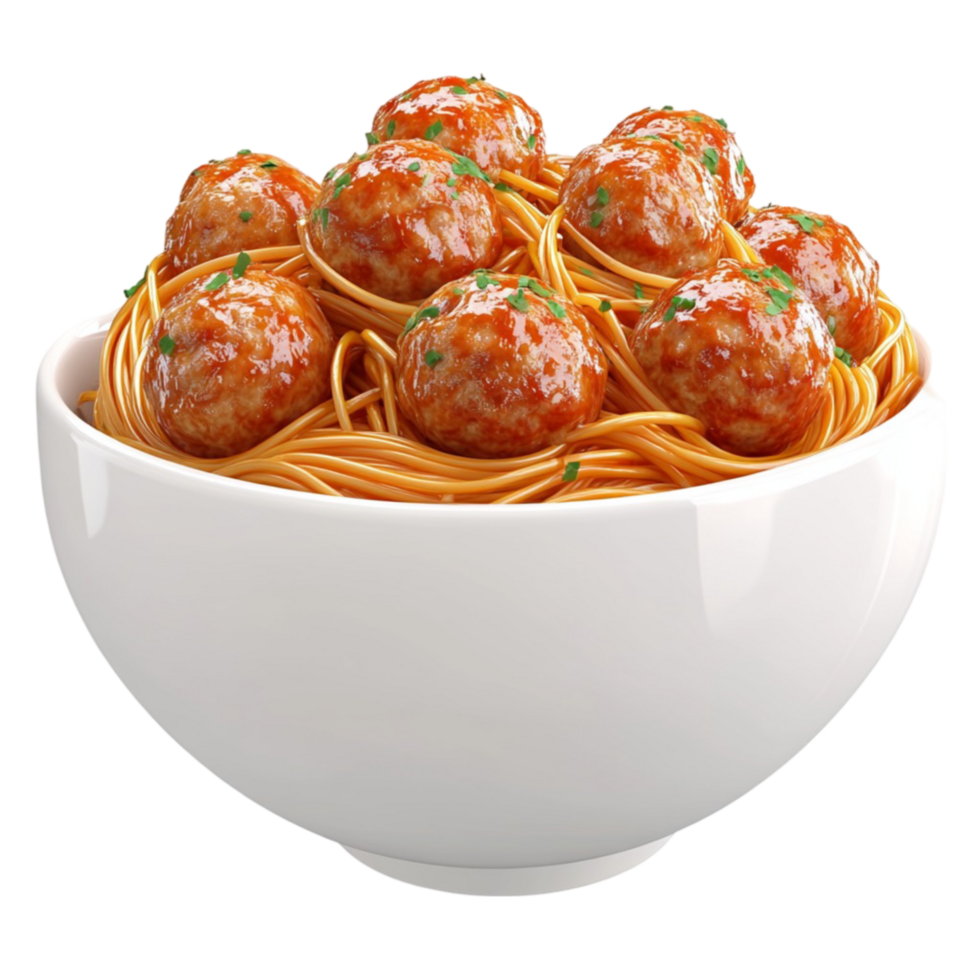 Spaghetti with meatballs in a bowl on transparent background png