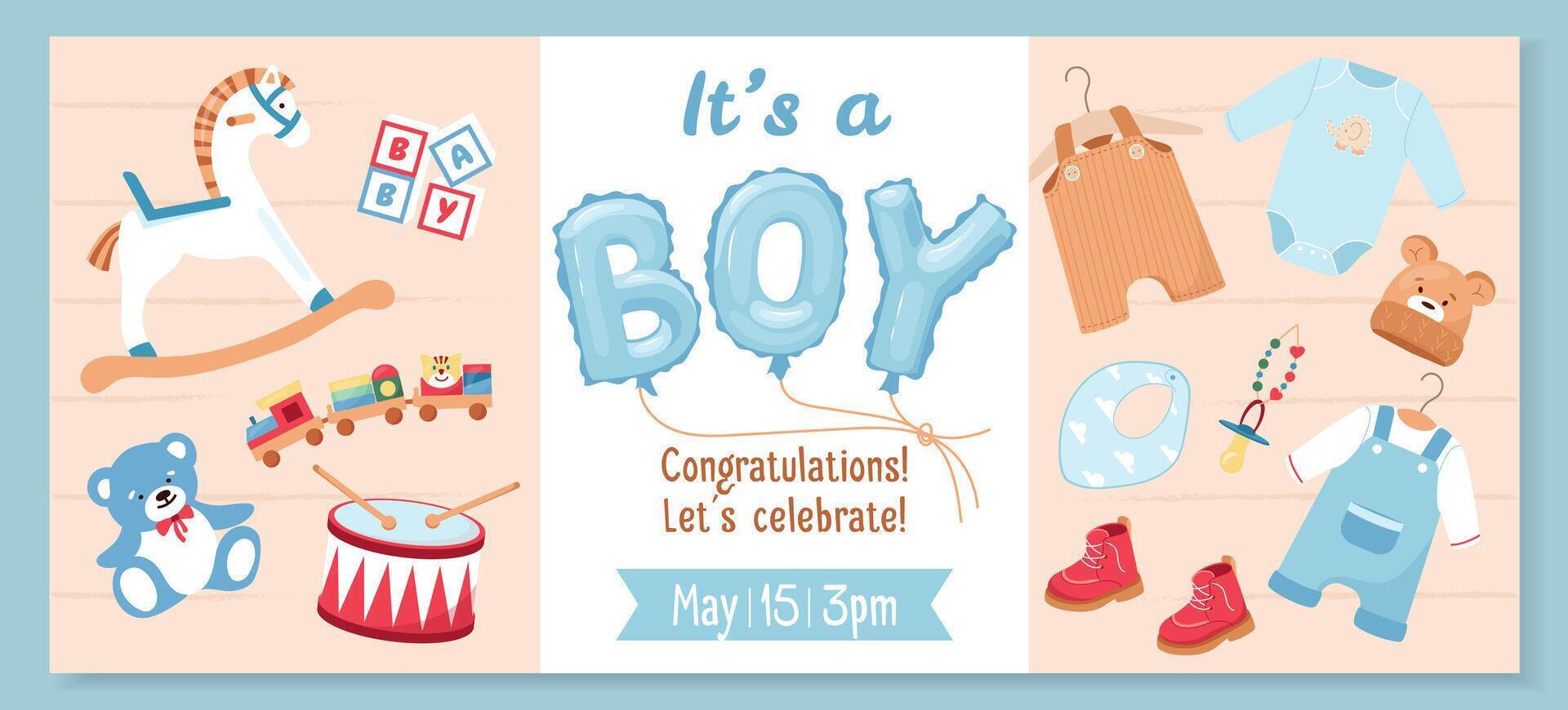 Horizontal banner design with toys, teddy bear, clothes. Gender reveal party banner element 'BOY' blue helium balloons. Ideal for baby shower invitations, cards and party decor Festive design vector