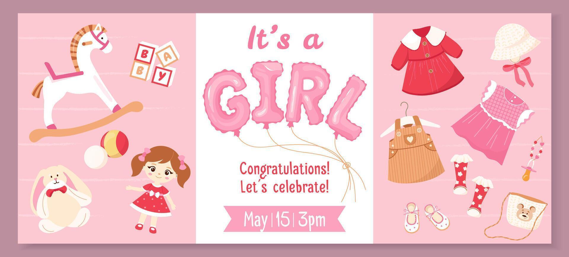 Horizontal banner design with plush toys, doll, clothes. Gender reveal party banner element 'Girl' pink helium balloons. Ideal for baby shower invitations, cards and party decor Festive design vector