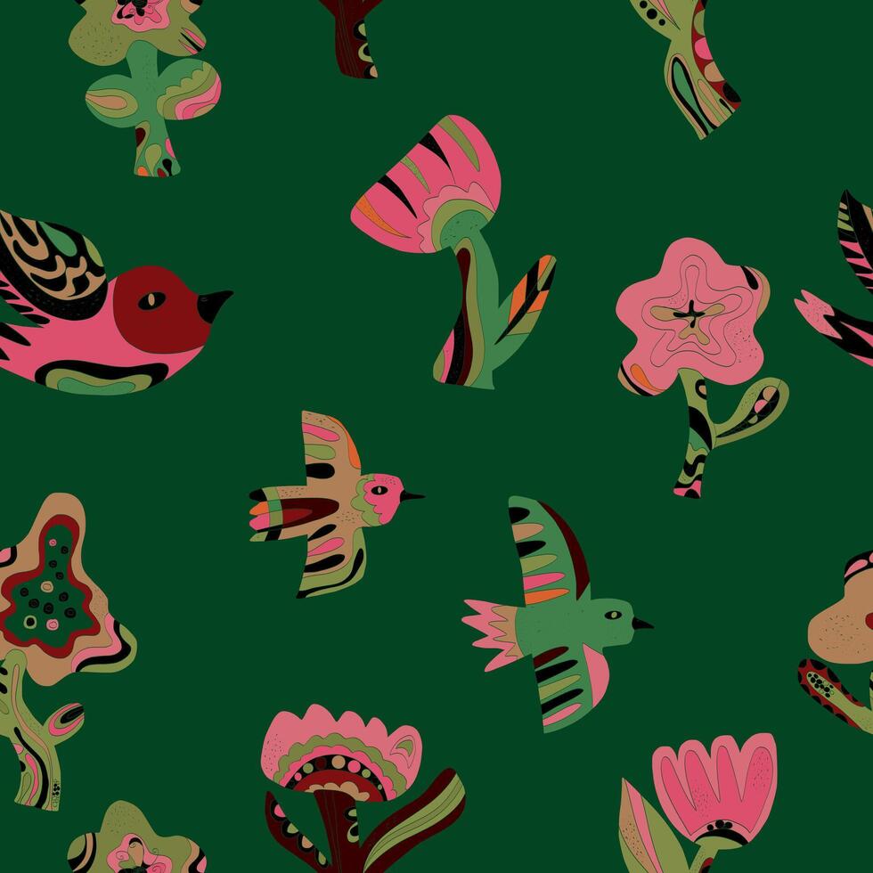 a green background with birds and flowers vector