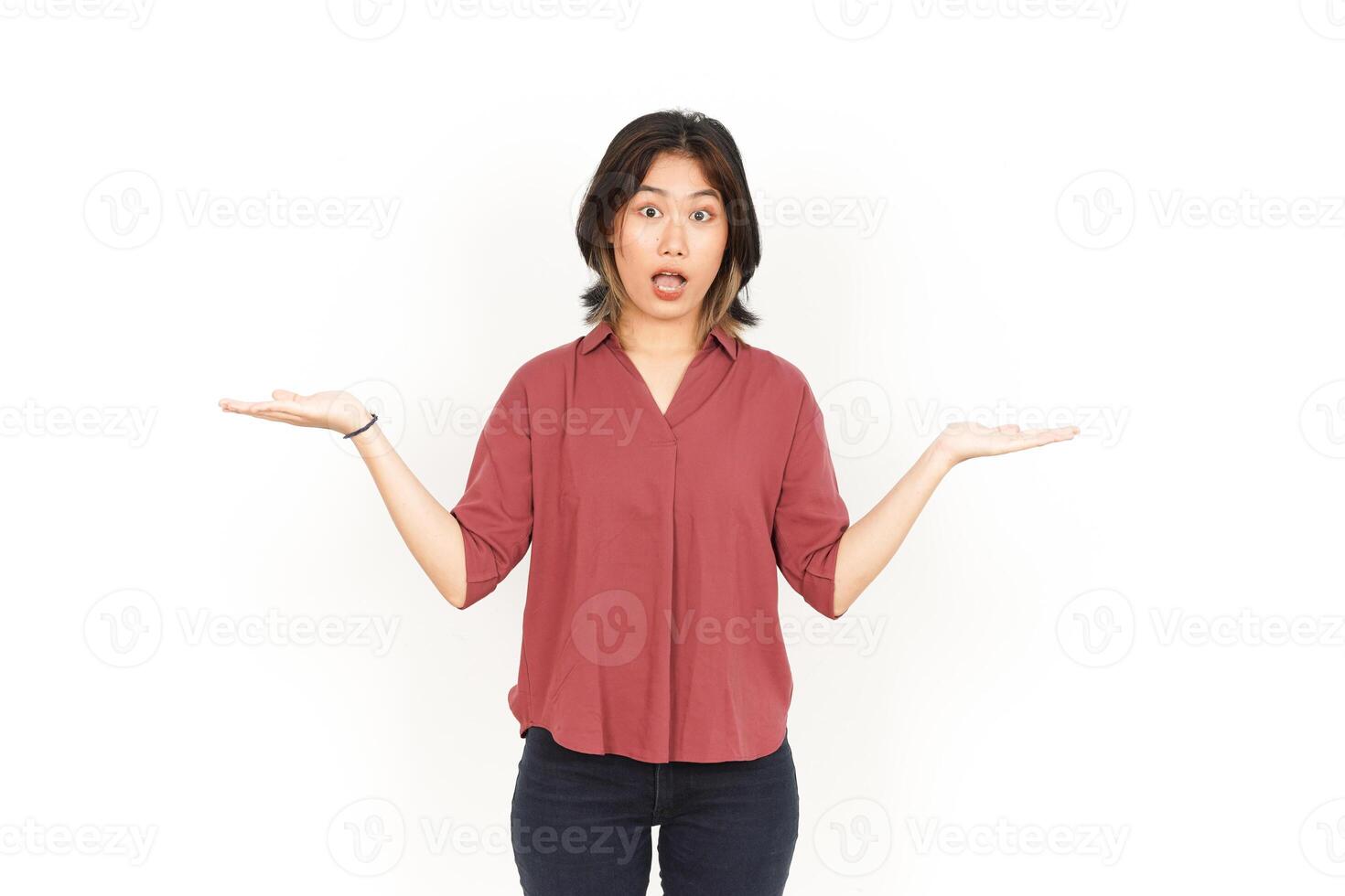 Showing Two Product on Open Palm Of Beautiful Asian Woman Isolated On White Background photo