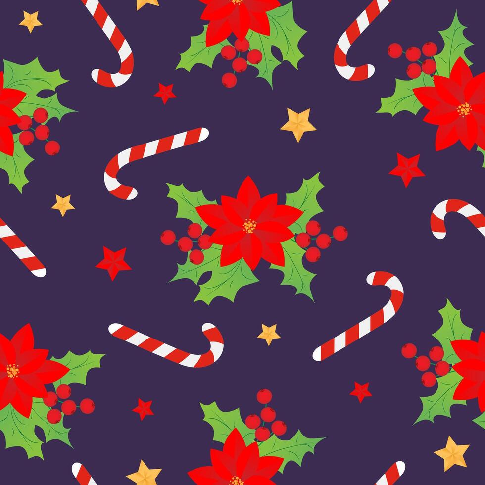 Seamless pattern with red christmas stars, caramel cane, Christmas star, holly on purple background. Design for fashion, fabric, textile, packaging paper. vector