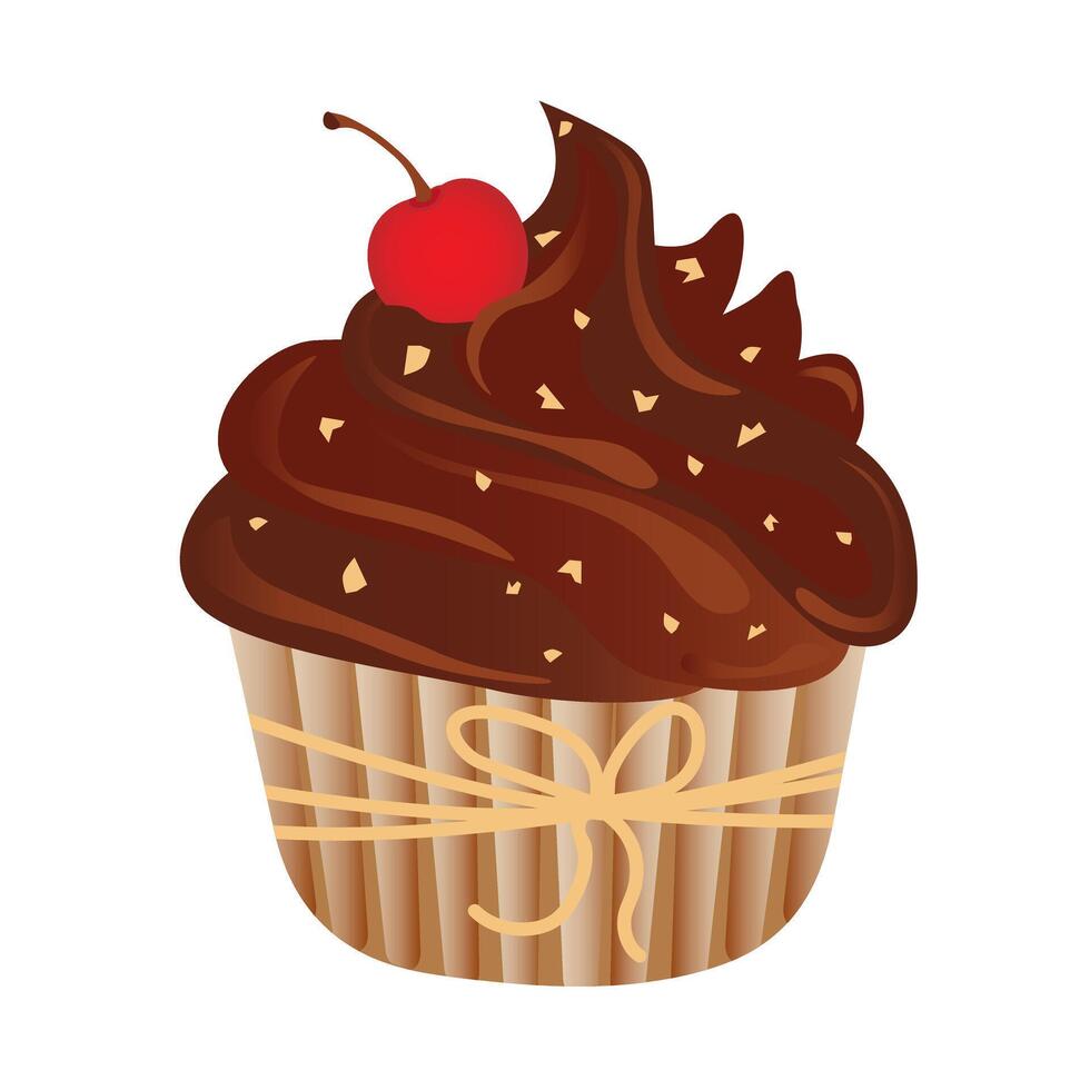 Delicious chocolate cupcake with whipped cream and cherry. Cartoon illustration of sweet food. vector