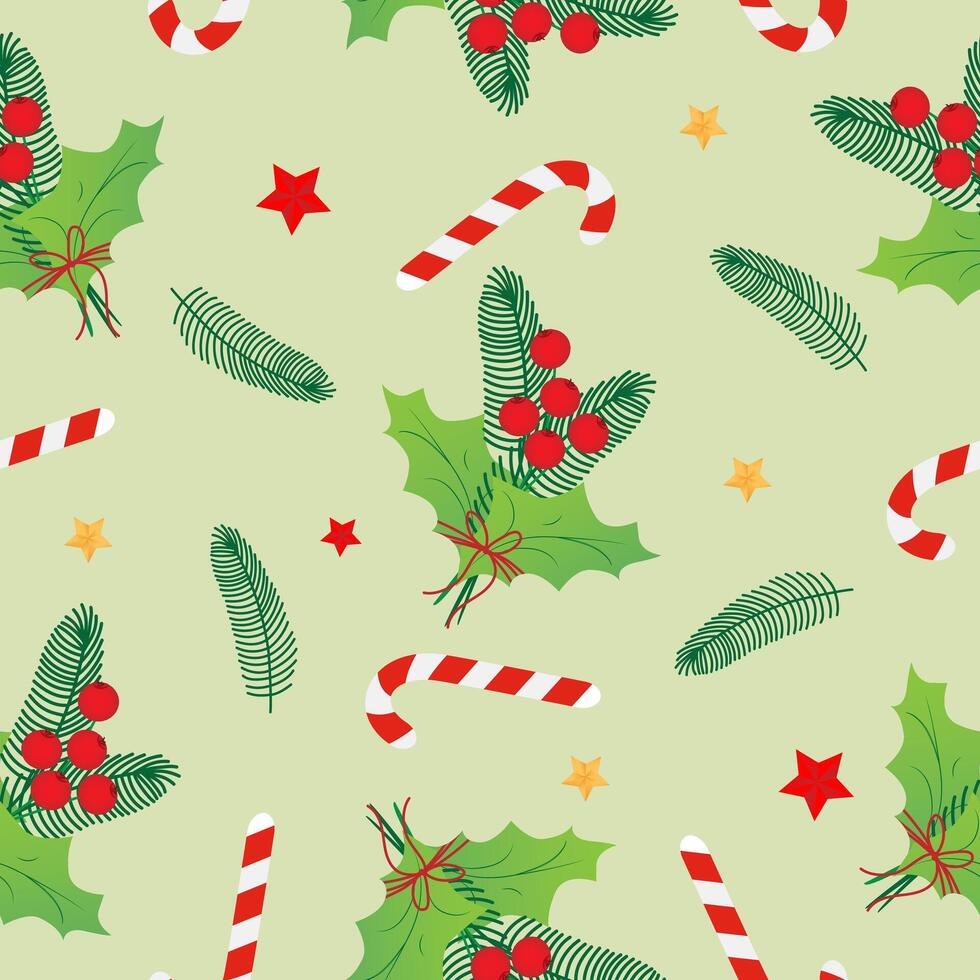 Seamless pattern with red christmas stars, caramel cane, Christmas star, holly on green background. Design for fashion, fabric, textile, packaging paper. vector