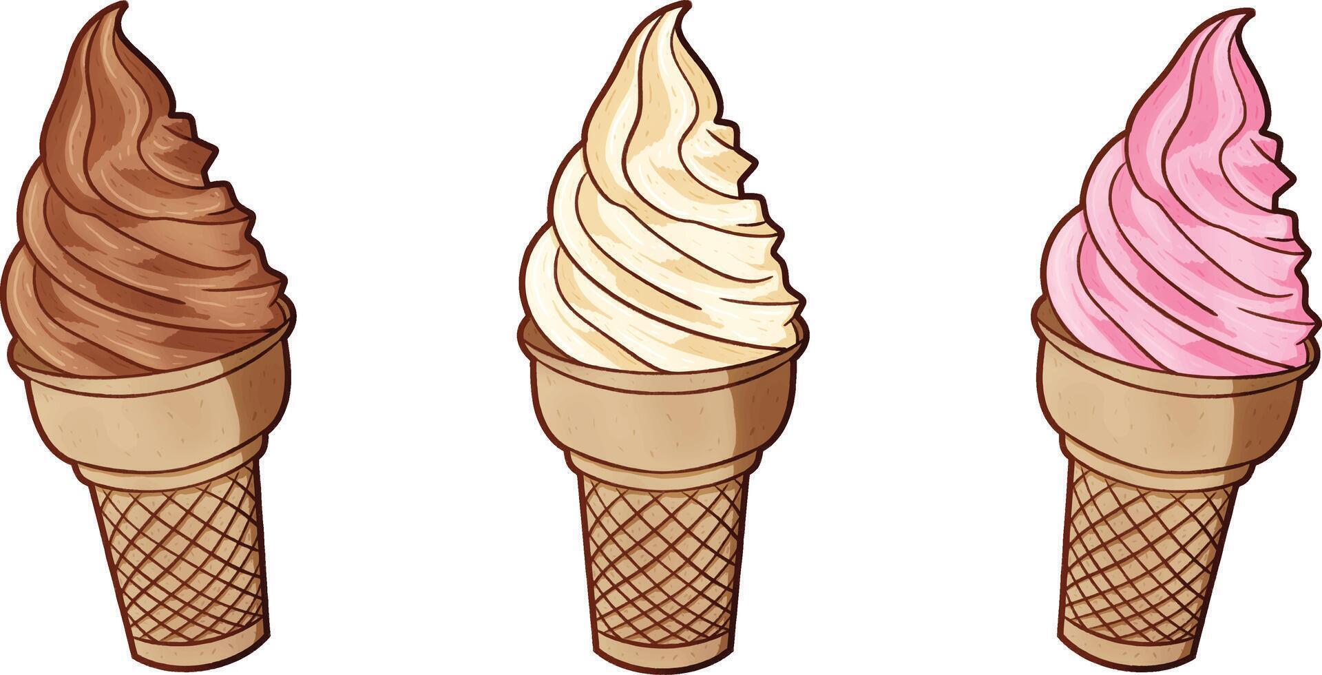 Set of hand drawn swirl ice cream cone vector