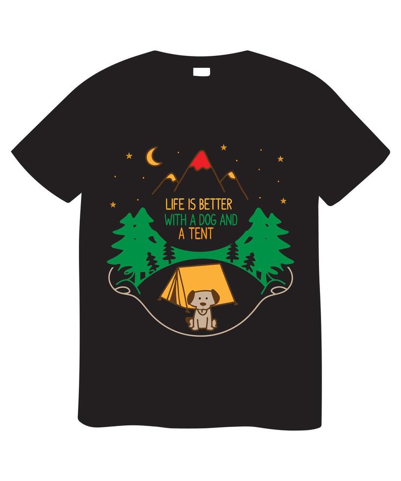 T shirt design features a serene camping scene with a cute dog sitting in front of a tent, surrounded by pine trees and mountains under a starry night sky. With Life is better with a dog and a tent vector