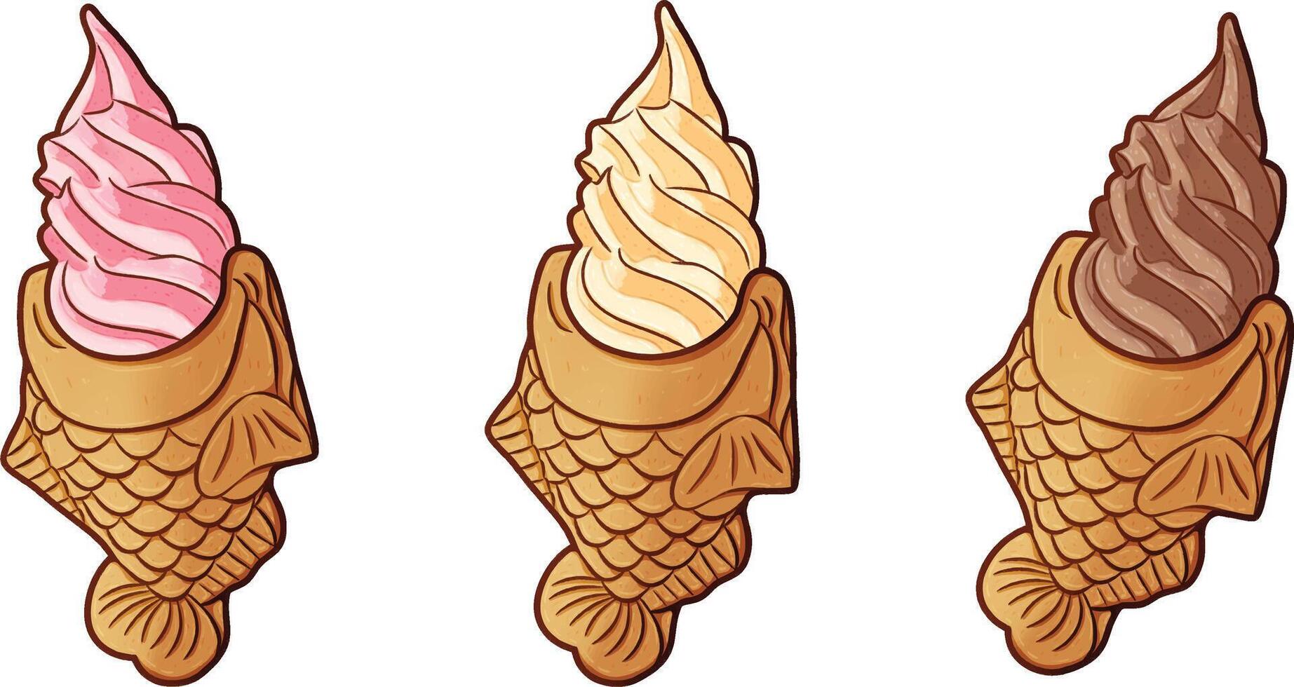 Set of hand drawn taiyaki ice cream vector