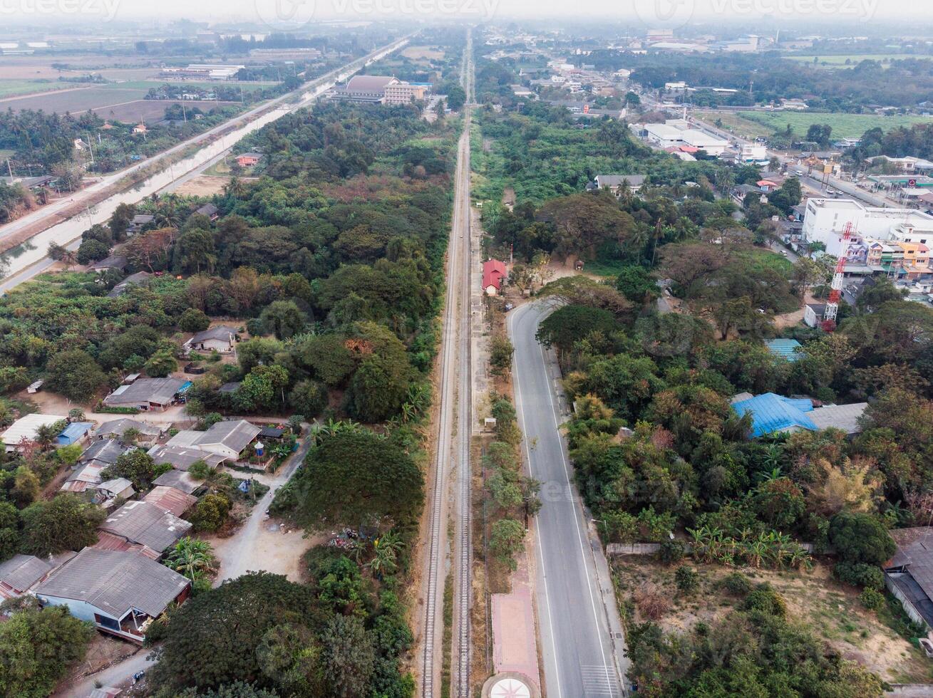 Aerial view of Public railway line with trees photo