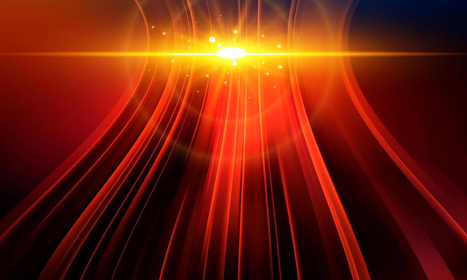 Soft light golden rays rising on dark background. Red stripes line. vector