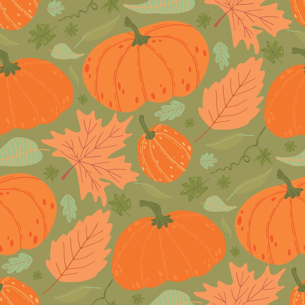 Vibrant pumpkin and leaf pattern with orange and green tones, celebrating harvest and autumn with a seamless festive design for seasonal projects vector