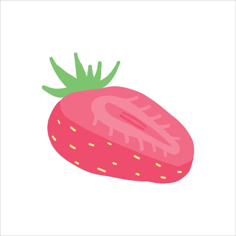 Half-sliced strawberry with vibrant red interior and green stem. Fresh and juicy fruit design perfect for food illustrations, nutrition themes, and colorful, organic creative concepts vector
