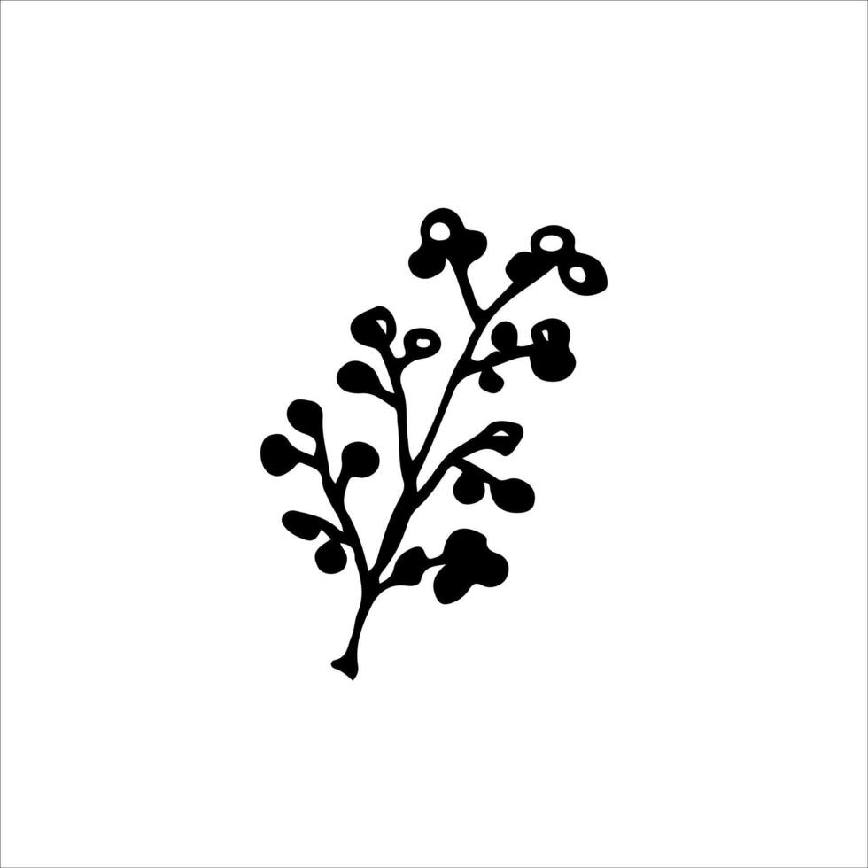 Black silhouette of a botanical branch with berries and leaves. A minimalistic, natural design for eco-themed projects, nature illustrations, and clean, artistic decor elements vector