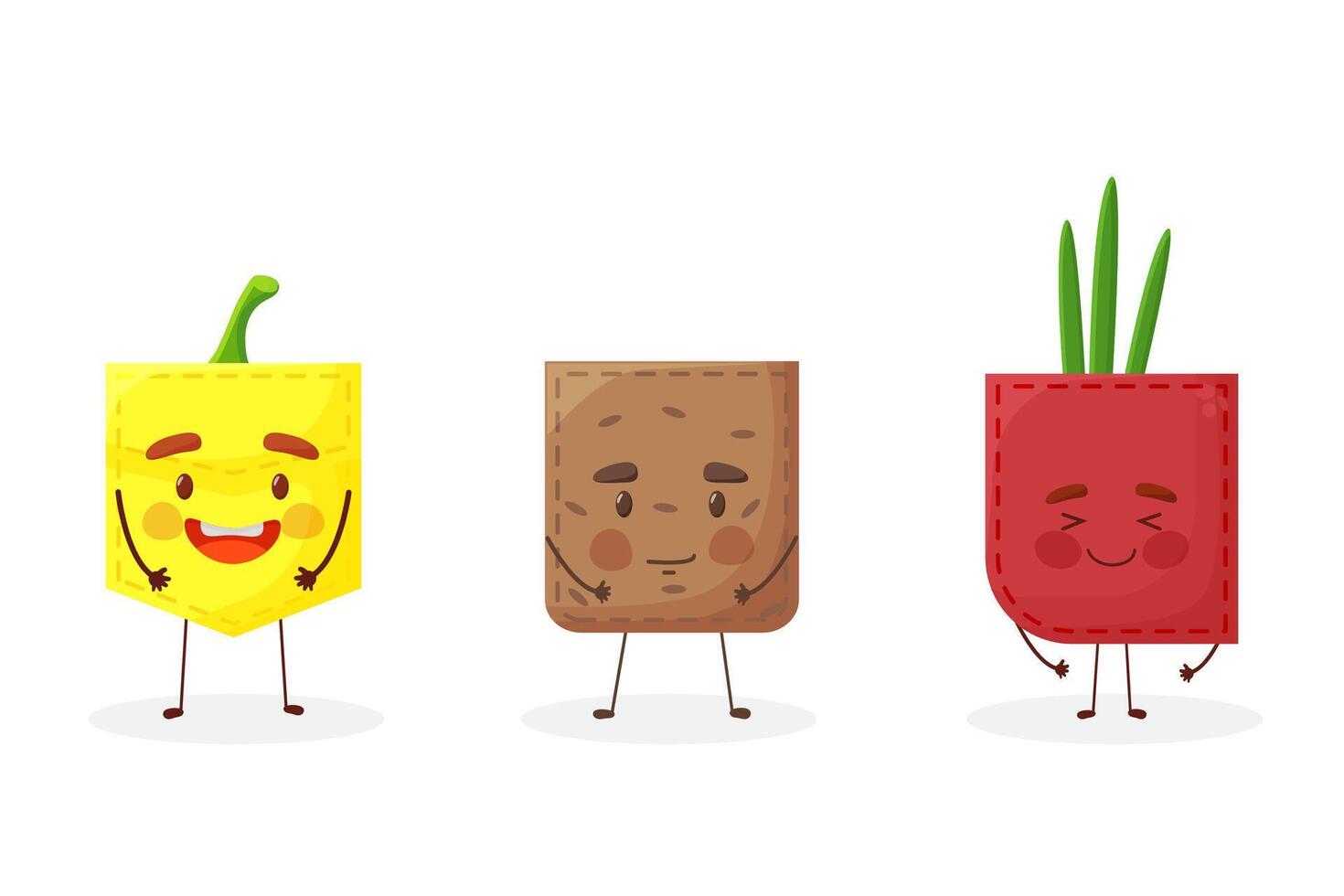 Set paprika potato onion shaped patch pocket. Character pocket paprika potato onion. Cartoon style. Isolated on white background. Design element. Template for your shirts, books, stickers, cards. vector
