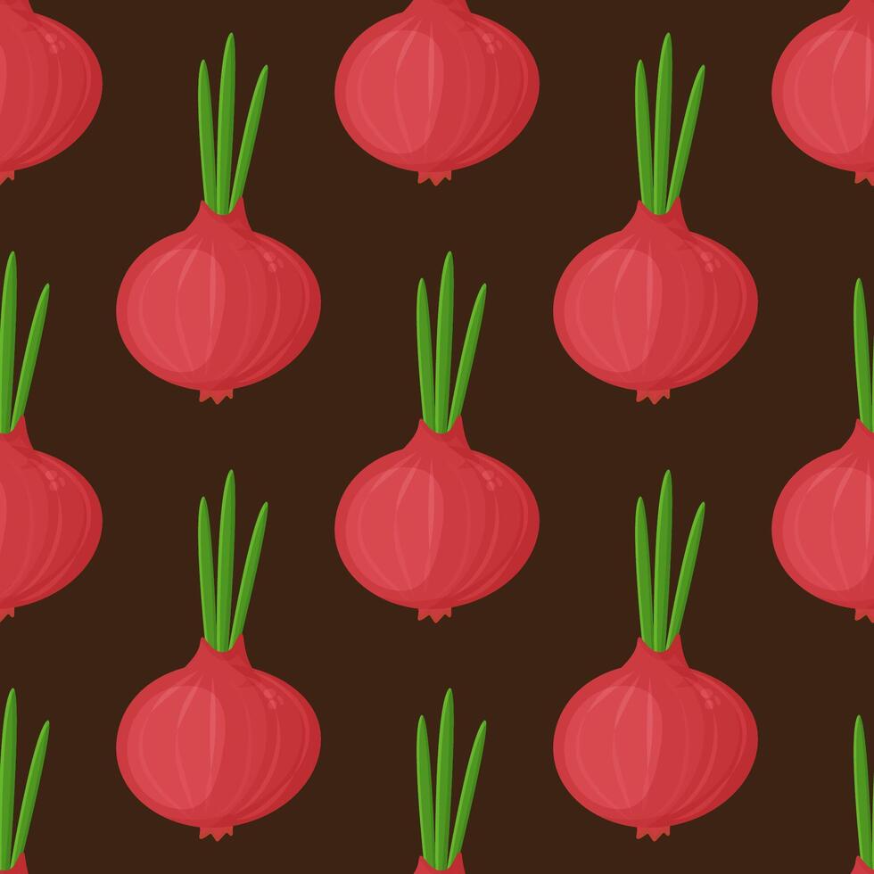 Seamless pattern red onion with green onion, cutaway onion top view isolated on background, flat lay for culinary blog, recipe screensaver, patchwork fabric. vector