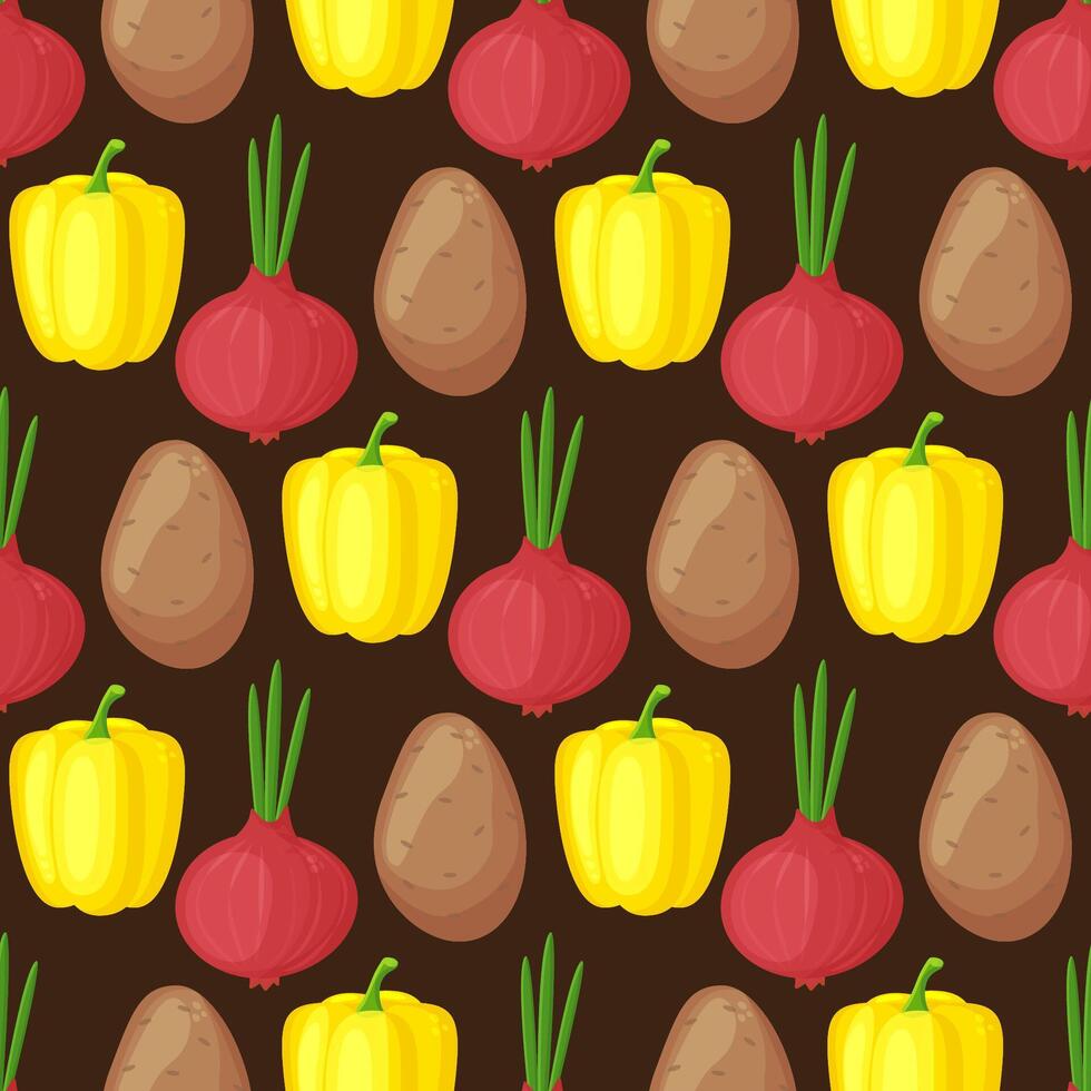Seamless pattern with hand drawn colorful vegetables. Sketch style set. Vegetables flat icons set paprika, onion, potato. vector