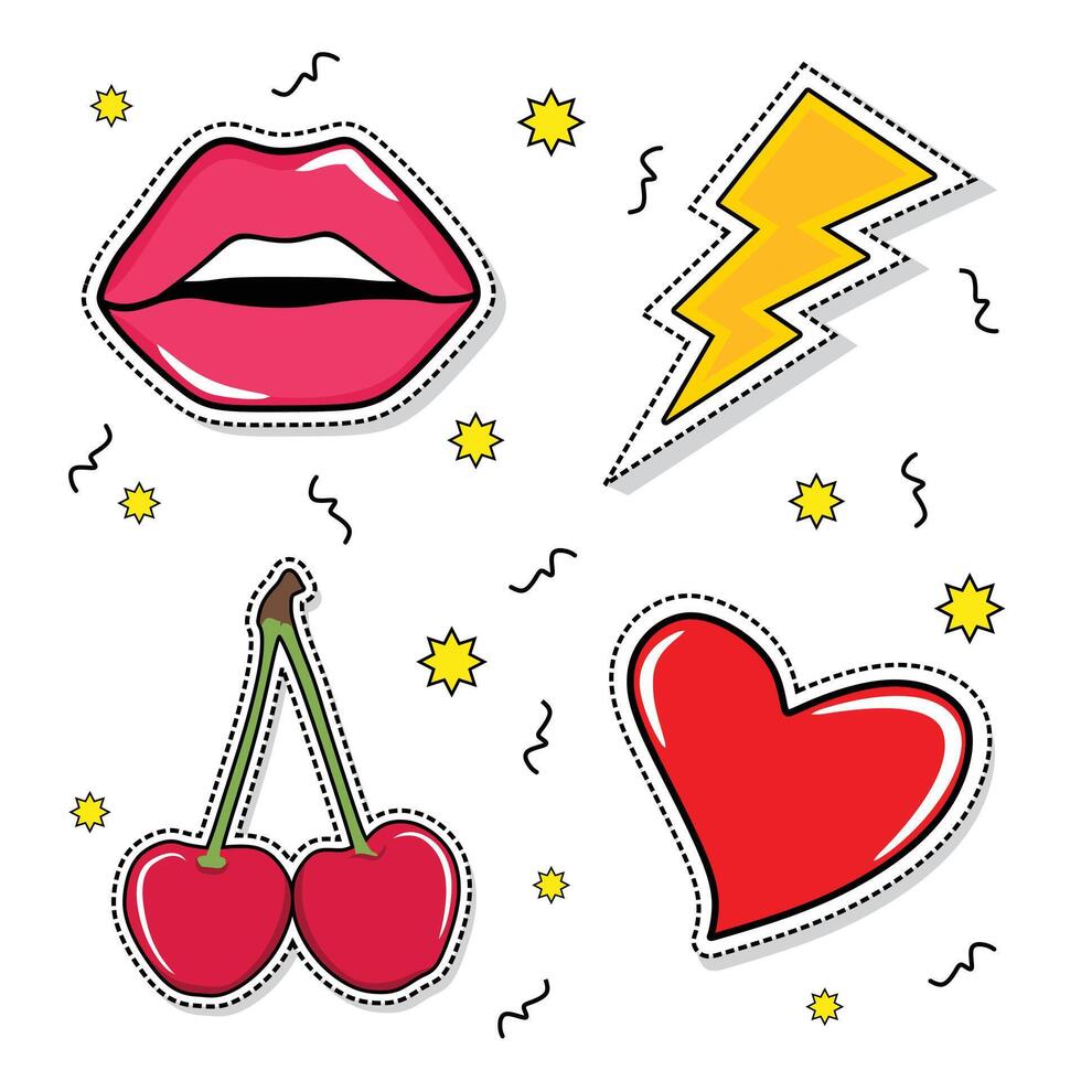 A set of stickers pop art elements lip, heart, cherry and star illustration design pop art sticker vector