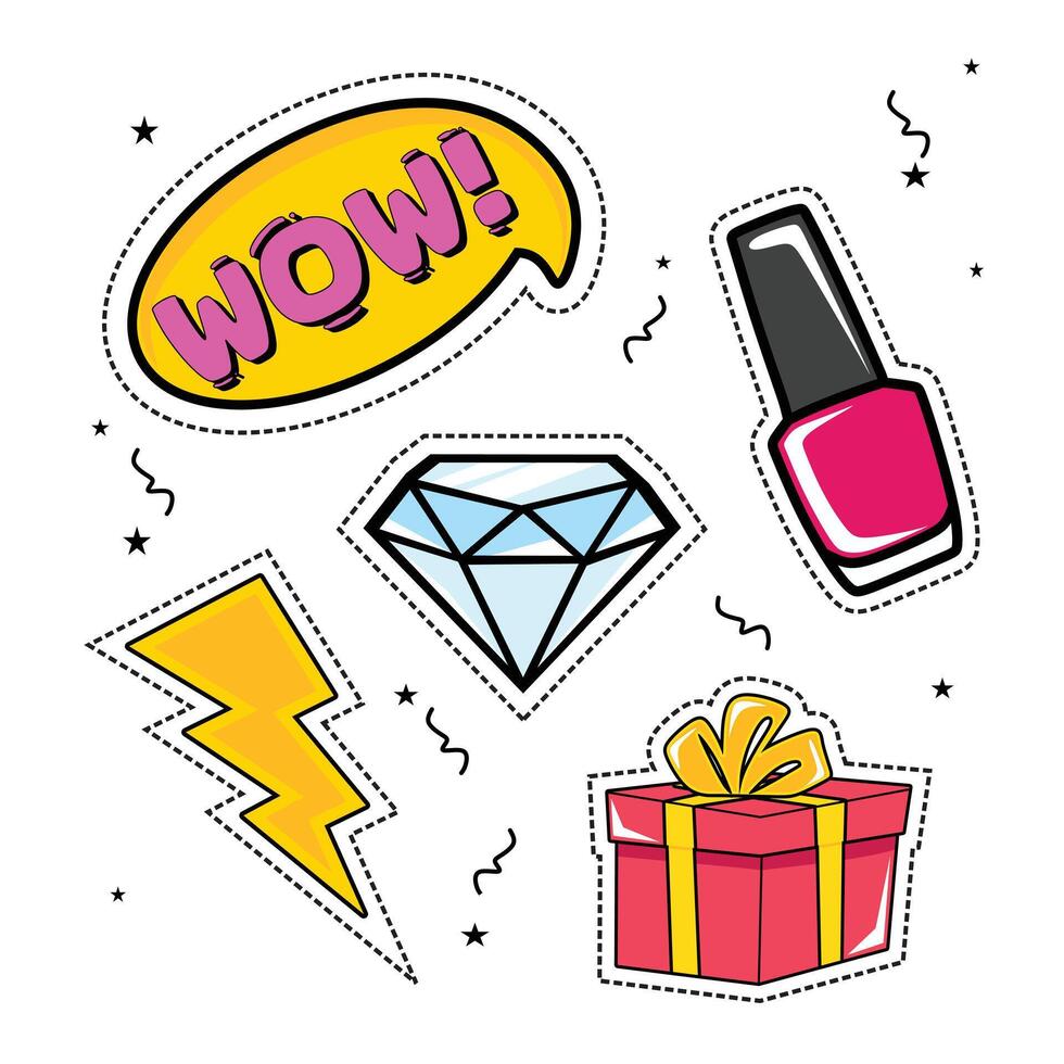 sticker design pop art element nail polish, diamond, gift, wow, illustration design vector