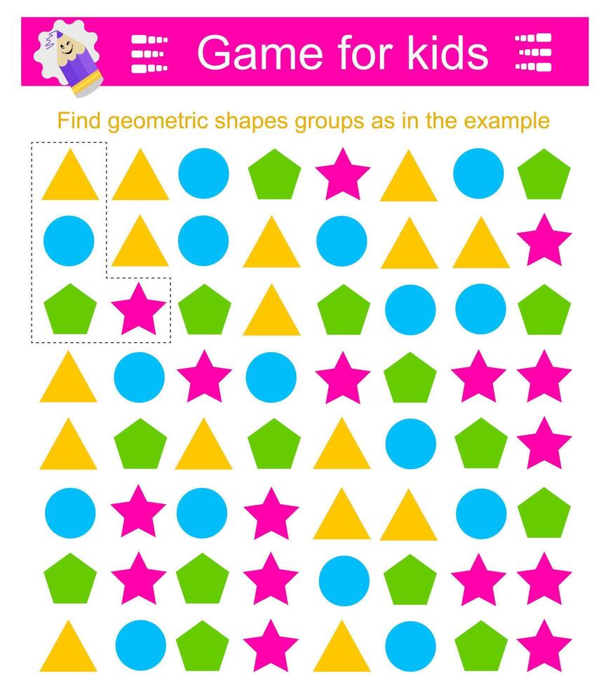 A game for children. Find geometric shapes groups as in the example. Attention tasks for children vector