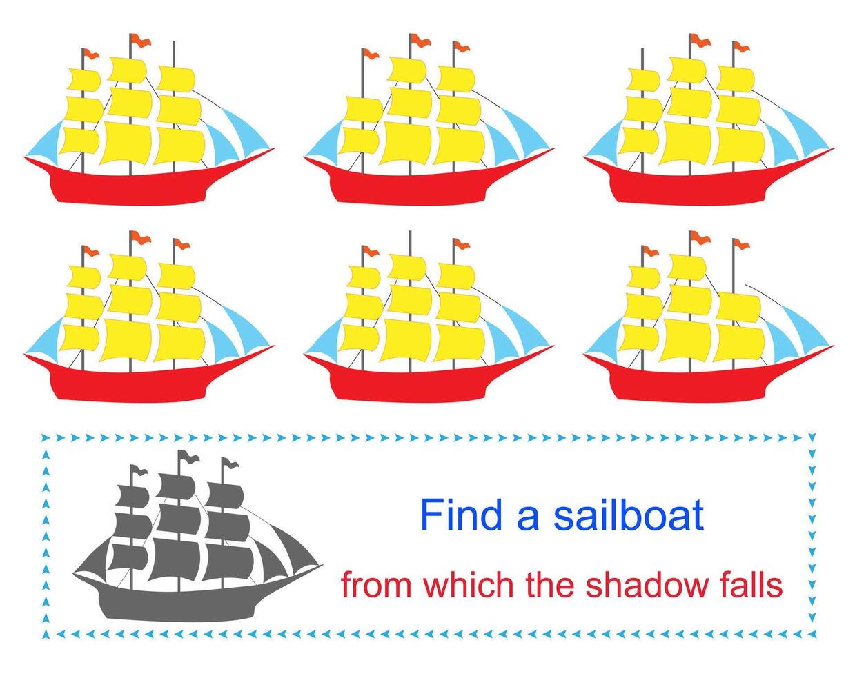 Educational game for kids. Task for attentiveness. Find a sailboat from which the shadow falls. illustration. vector