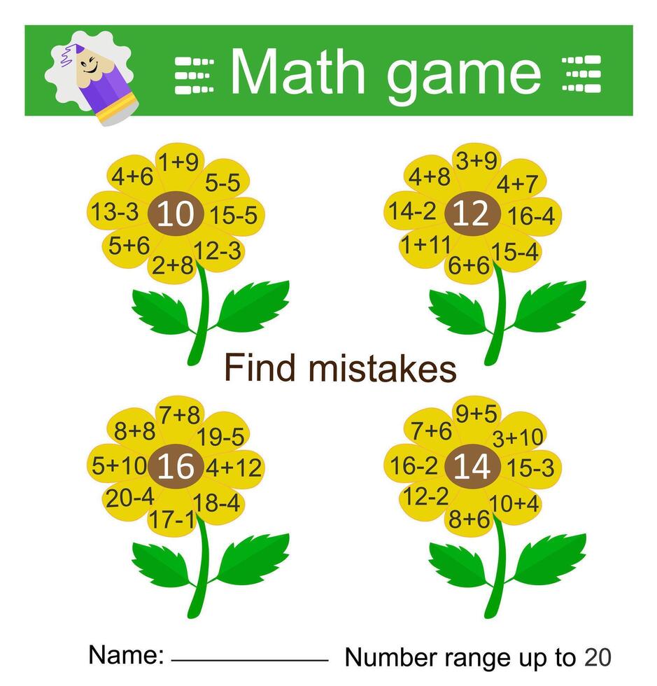 Math game for children. Printable worksheet. Number range up to 20. illustration vector