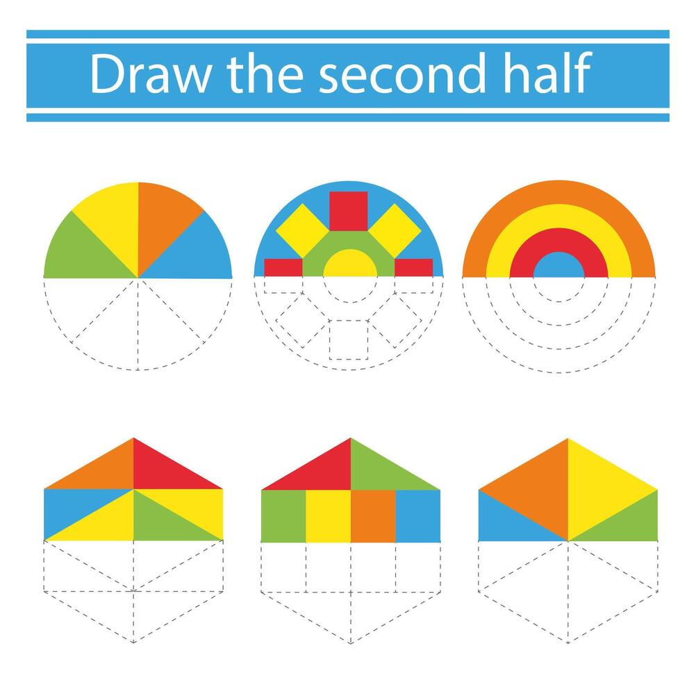 Draw the second half. Coloring book. Preschool worksheet for practicing fine motor skills. . vector