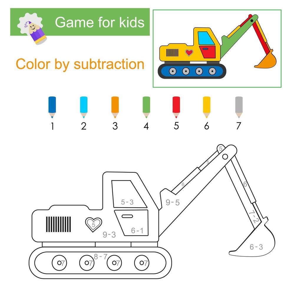 Color by subtraction. Math activity for kid. Developing numeracy skills. Number range up to 10. vector