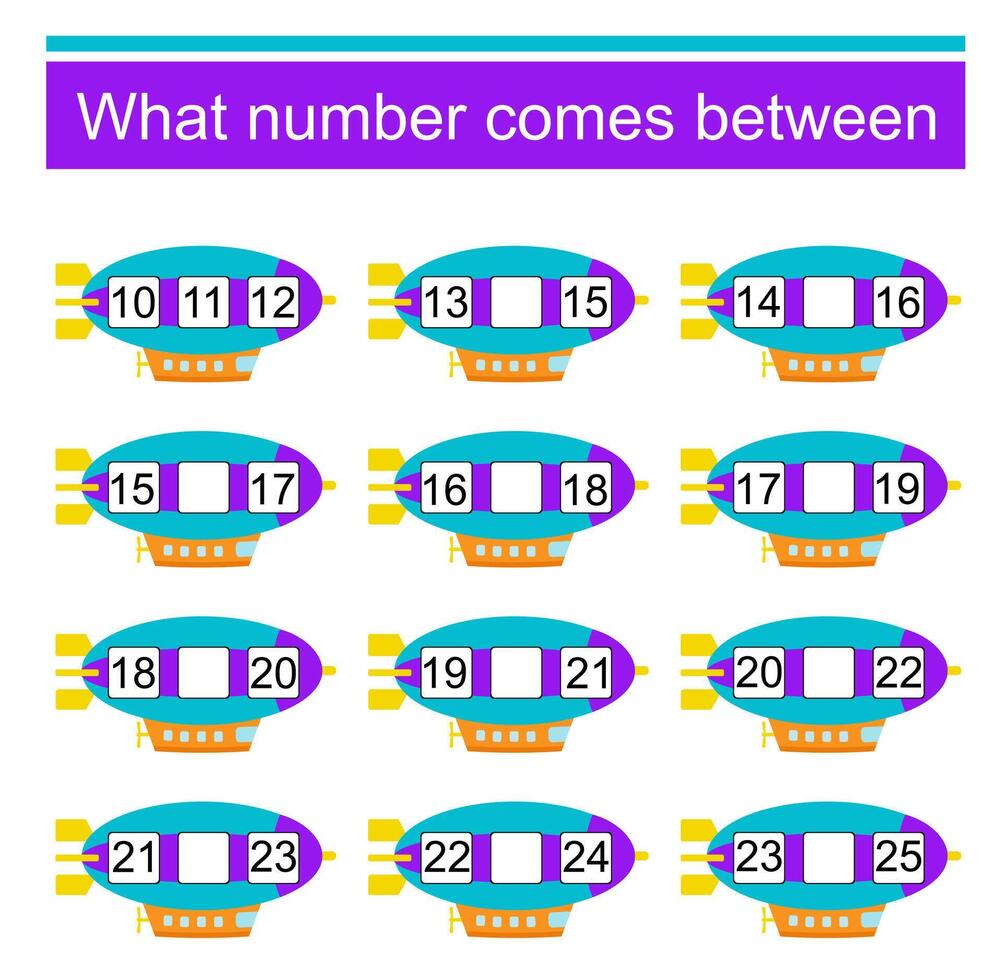 What number comes between Math worksheets for kids. vector
