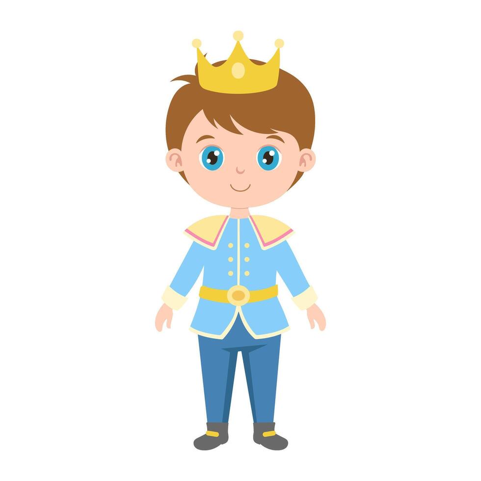 A young boy wearing a blue costume with a crown on his head. He is smiling. The image is in black and white vector