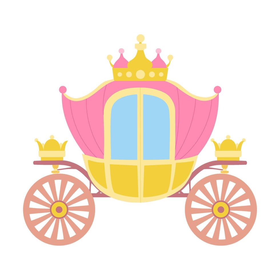 A pink and yellow carriage with a crown on top. The carriage has a wheel and a door vector