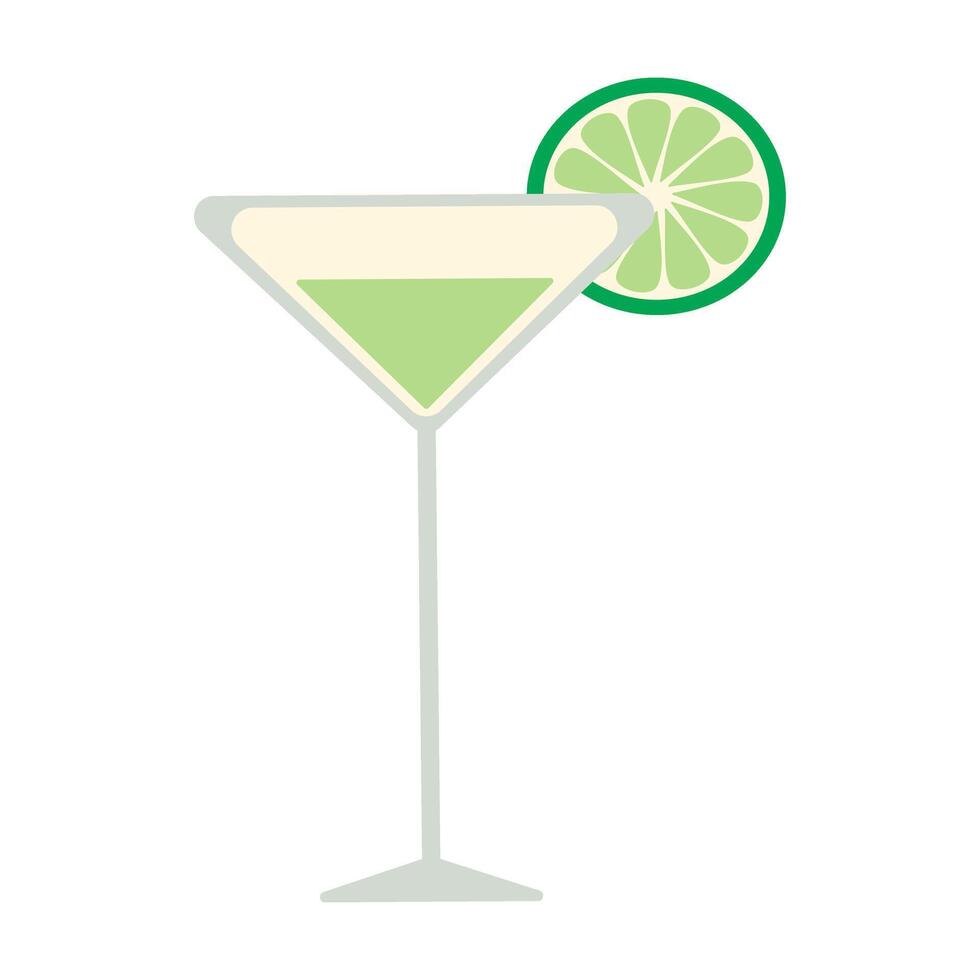 A glass of green liquid with a lime wedge on top. The glass is tall and slender, and the lime wedge is positioned at the top right corner of the glass vector