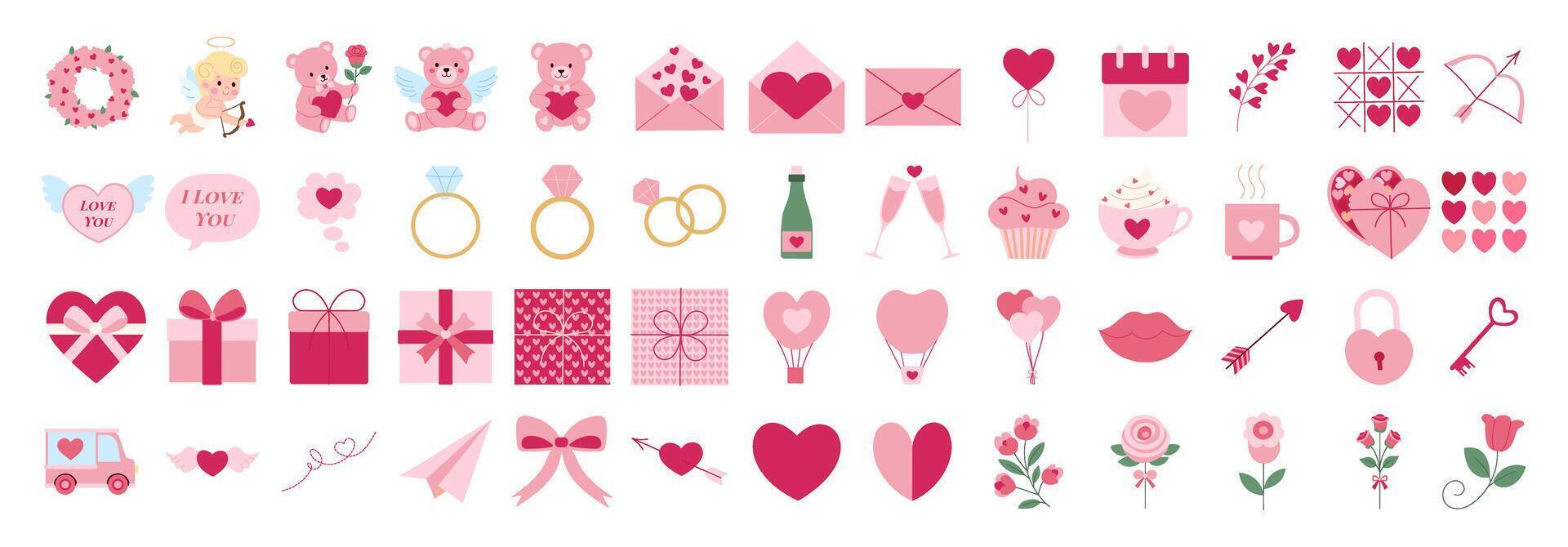 A collection of pink icons including hearts, a teddy bear, a cupcake, a ring, a bouquet, a key, a cup, a vase, a cupcake, a cup, a ring, a bouquet, a key vector