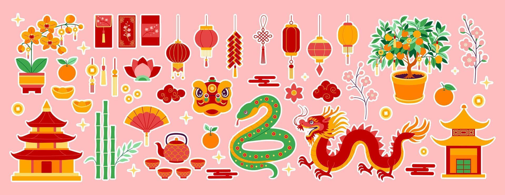 A collection of Chinese New Year symbols and images including a dragon, a lotus flower, and a Chinese lantern vector