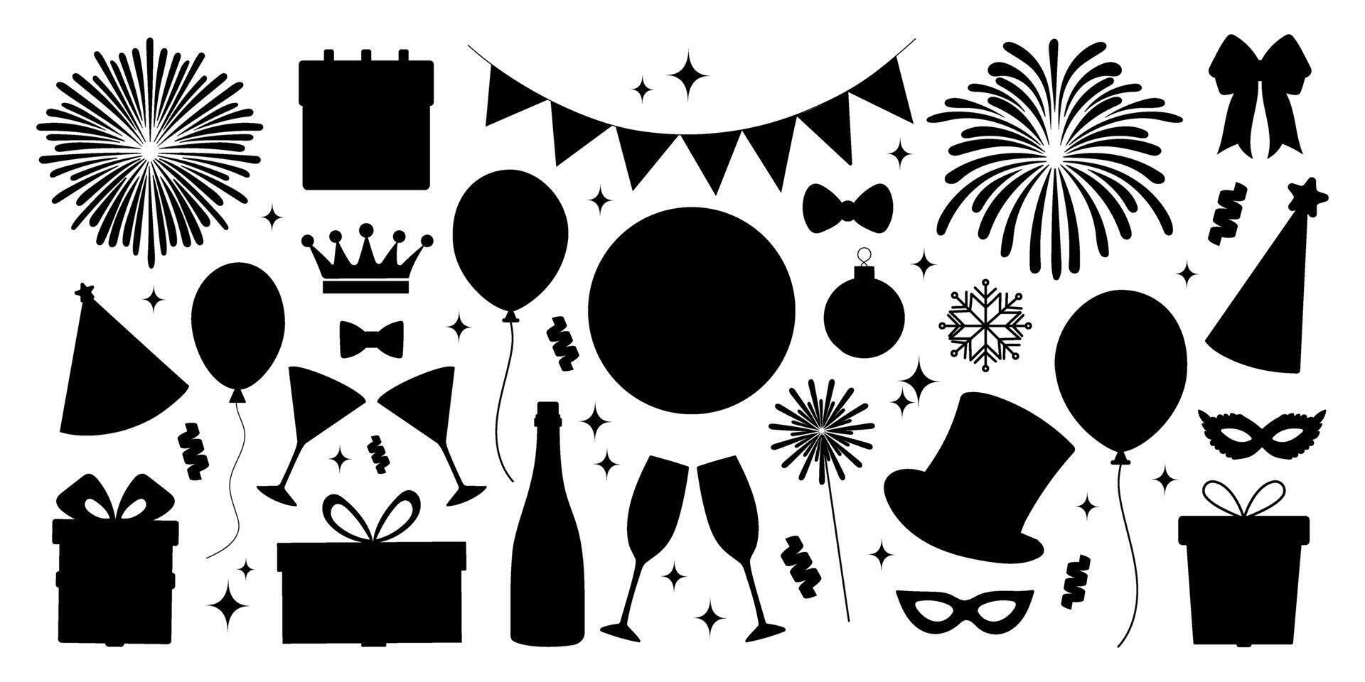 A black and white image of various party decorations including balloons, hats, and a cake. Scene is celebratory and festive vector