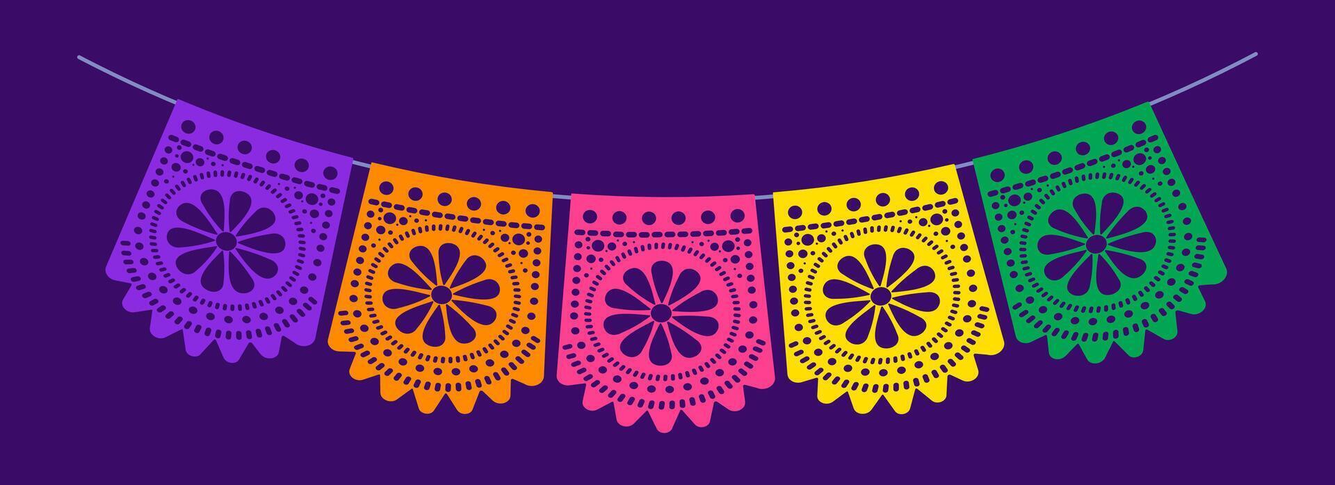 A colorful banner with a flower design and the word dia on it. The banner is hanging from a string and is purple in color vector