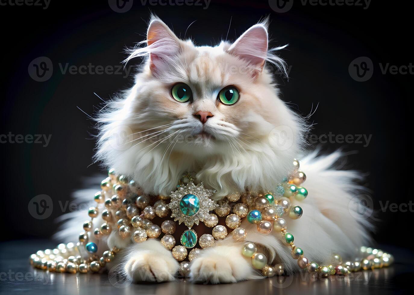 a cat with green eyes and pearls on its neck photo
