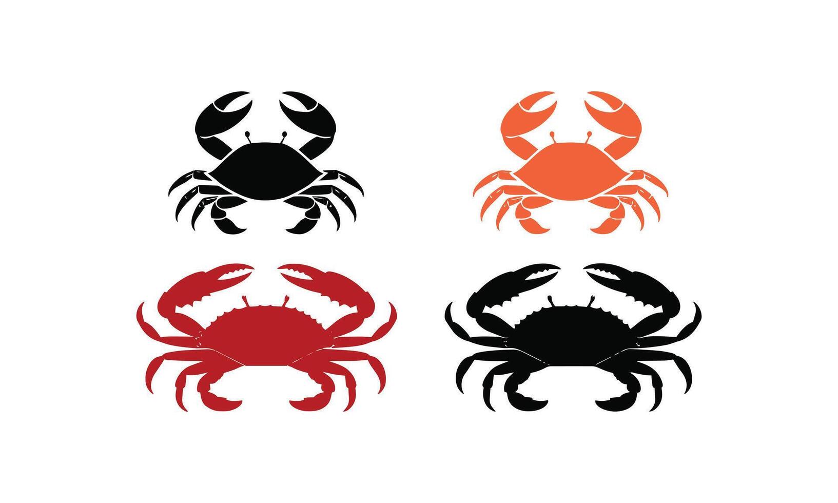 Set of black and colorful crab silhouette designs for marine themes, coastal art, seafood logos, nature graphics, aquatic symbols, digital artwork, ocean projects, easily editable. vector