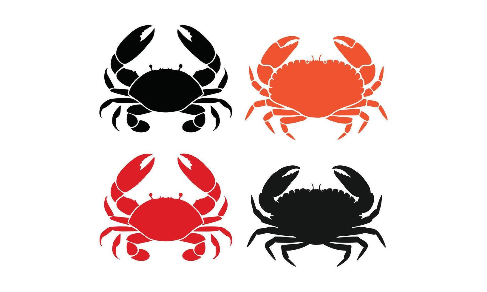 Set of black and colorful crab silhouette designs for ocean projects, coastal art, seafood logos, nature graphics, aquatic symbols, digital artwork, ocean projects, easily editable. vector