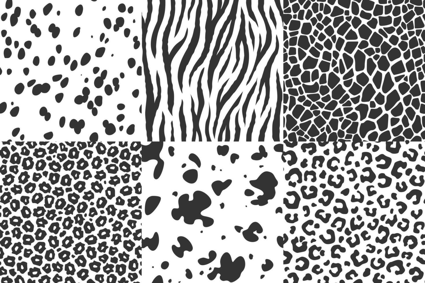 A collection of black and white animal skin seamless patterns. Dalmatian fur, zebra stripes, giraffe, cow, leopard, cheetah or jaguar spots. Safari style textures for fashion, textiles, graphic design vector